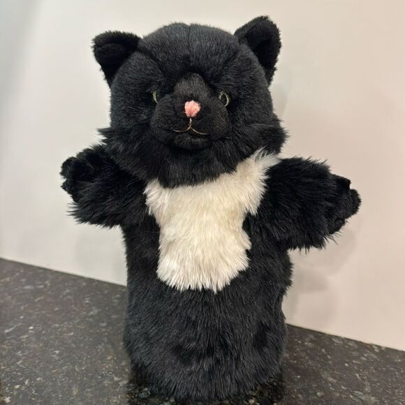 Fluffy Black Cat Hand Puppet Kitty Green Stitched Eyes - Picture 1 of 7